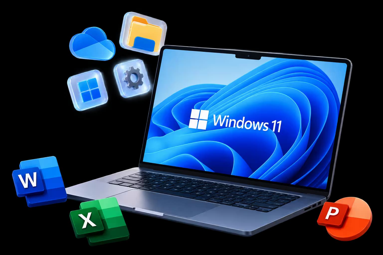 ИТ-специалист с неоновым ключом рядом с ноутбуком с Windows 11